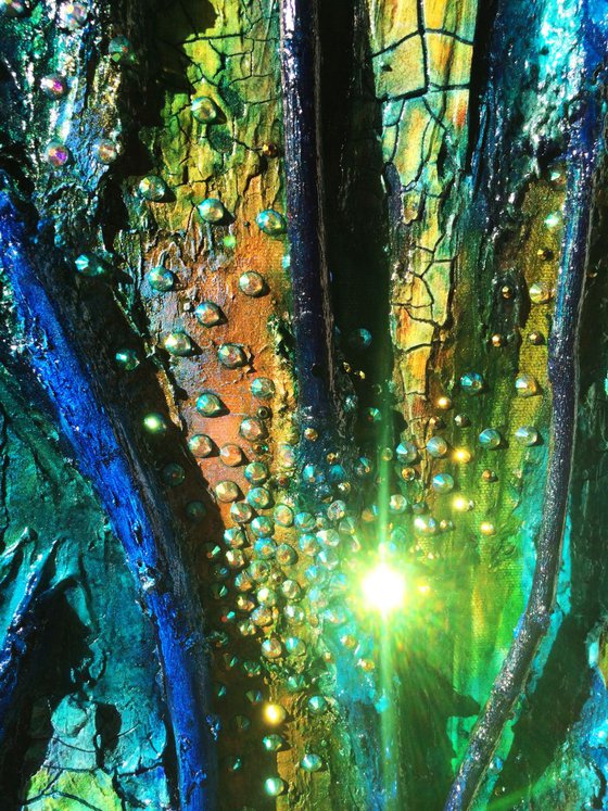 Mixed media canvas, Eternal Spring, crackle painting, vertical blue gold sparkle, tree, twig, shine, green gold, textural canvas, abstract