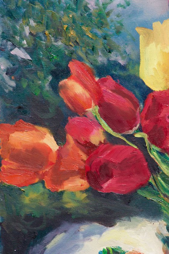 Still life spring flowers painting, oil painting, 28", Original tulips painting, Handmade art, top spring flower