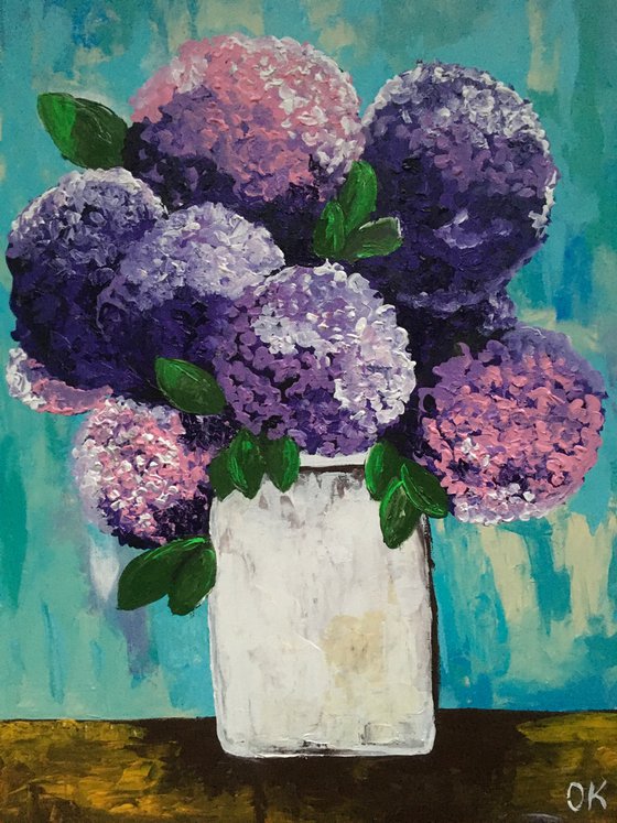 BOUQUET OF Purple and Pink  hydrangea in a white vase palette  knife Original Acrylic painting office home decor gift