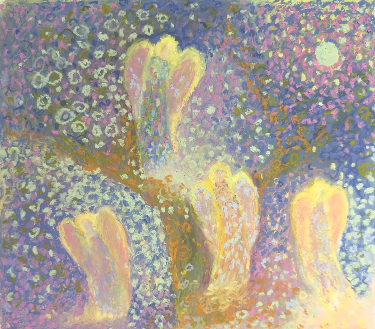 Impressionistic Abstract Pastel Drawing By Nataliia Zaharuk, 10 X 9", Angels In The Cherry Tree, Original Artwork