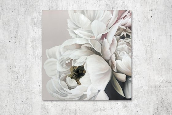 "Gray Silk Peonies" White gray flower oil art