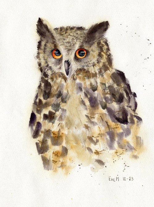 Watercolor portrait of an owl. Animalism. Original watercolor. by Evgeniya Mokeeva