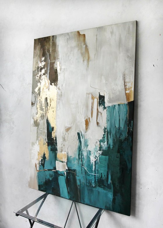 "Teal bloom 2" Teal gold cream abstract art