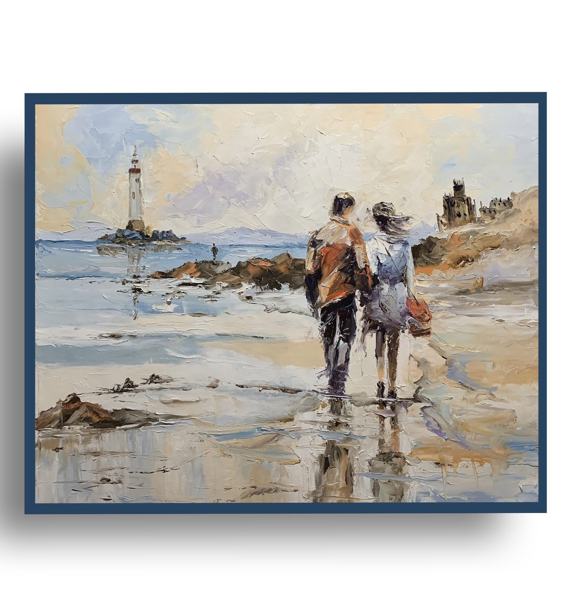 Impressionistic Landscape Oil Painting By Vita Schagen, 20 X 16", Lighthouse. Coastal Stroll., Original Artwork