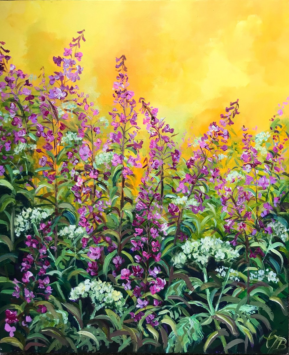Impressionistic Botanical Acrylic Painting By Colette Baumback, 20 X 24, Fireweed, Original Artwork