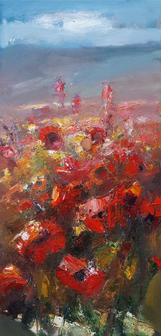 Field of poppies, 33x70cm, oil painting, palette knife