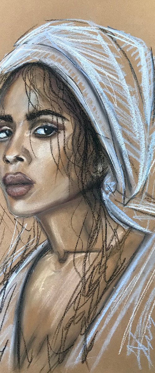 “Sumaya”portrait fashion pastel drawing on paper by Leysan Khasanova