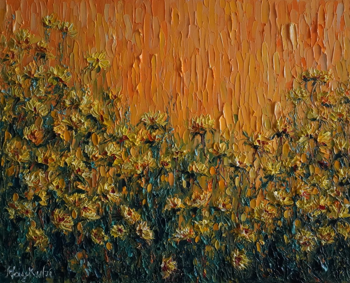 Impressionistic Botanical Oil Painting By Haykuhi Khachatryan, 20 X 16, Yellow Flowers, Original Artwork