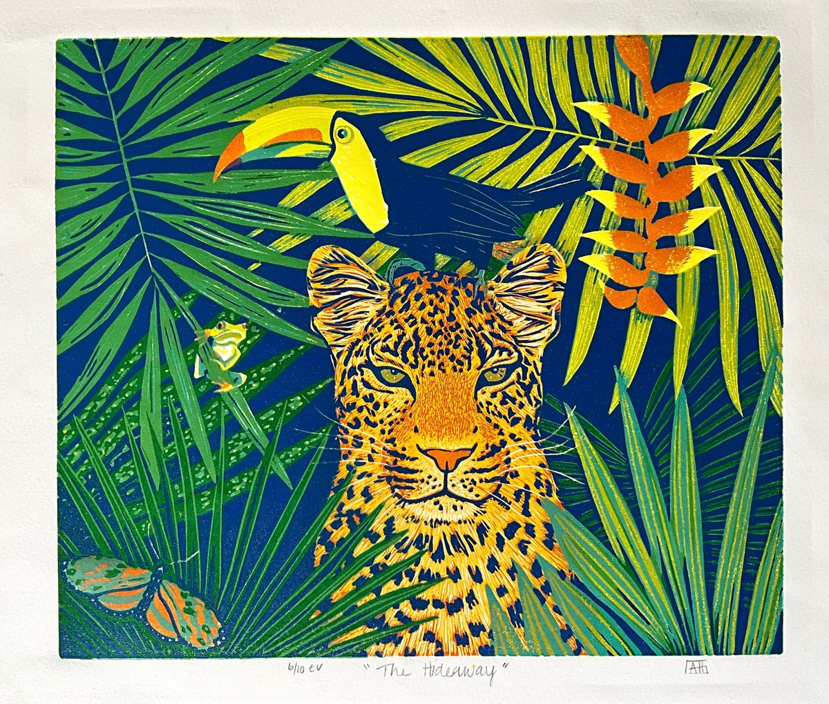 Graphic Botanical Linocut By Alison Headley, 15 X 11, The Hide Away, Original Artwork