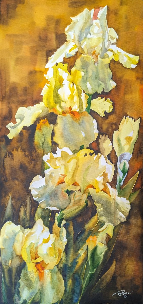Impressionistic Botanical Watercolour By Yurii Pashkov, 18 X 37", Yellow Irises#3, Original Artwork