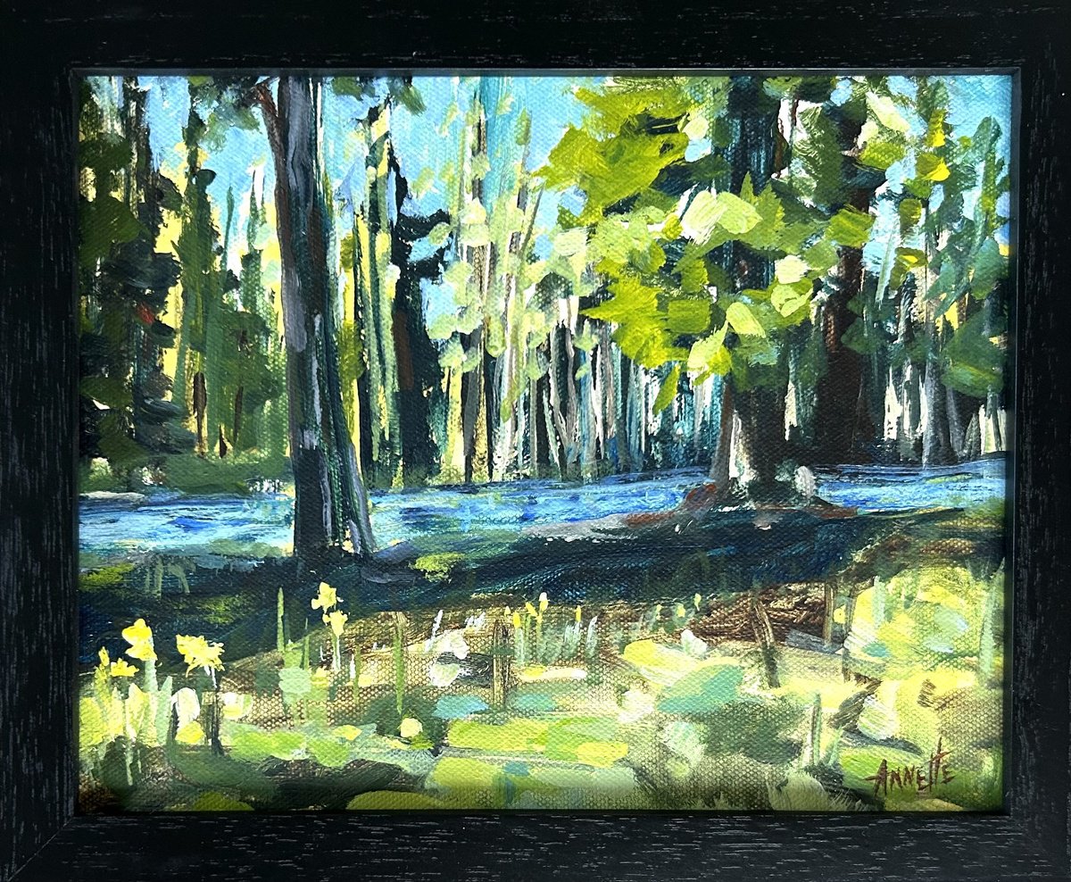 Impressionistic Landscape Acrylic Painting By Annette Wolters, 12 X 10, Forest River, Original Artwork