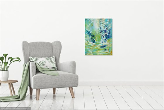 Abstract Forest Pond Painting. Floral Garden. Abstract Tropical Flowers. Original Blue Teal Painting on Canvas 46x61cm Modern Art (2020)
