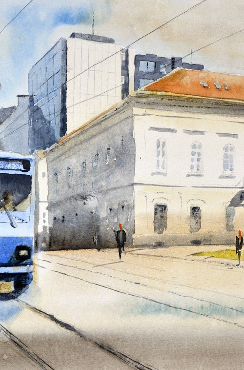 Blue Tram No.2 Beograd, 48x30cm 2020 by Nenad Kojić watercolorist
