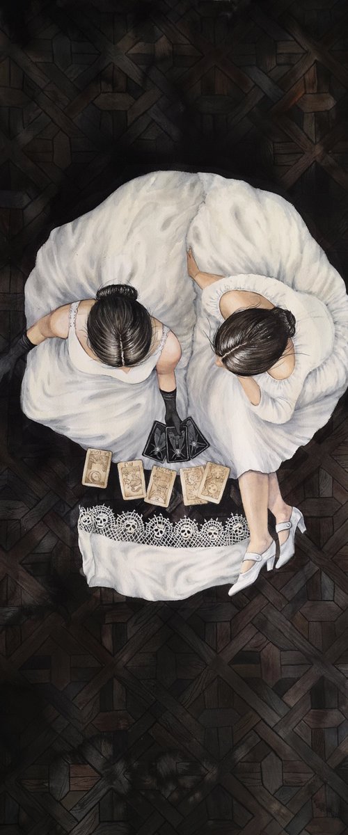 Tarot Reader Girls - Skull Optical Illusion by Olga Beliaeva Watercolour