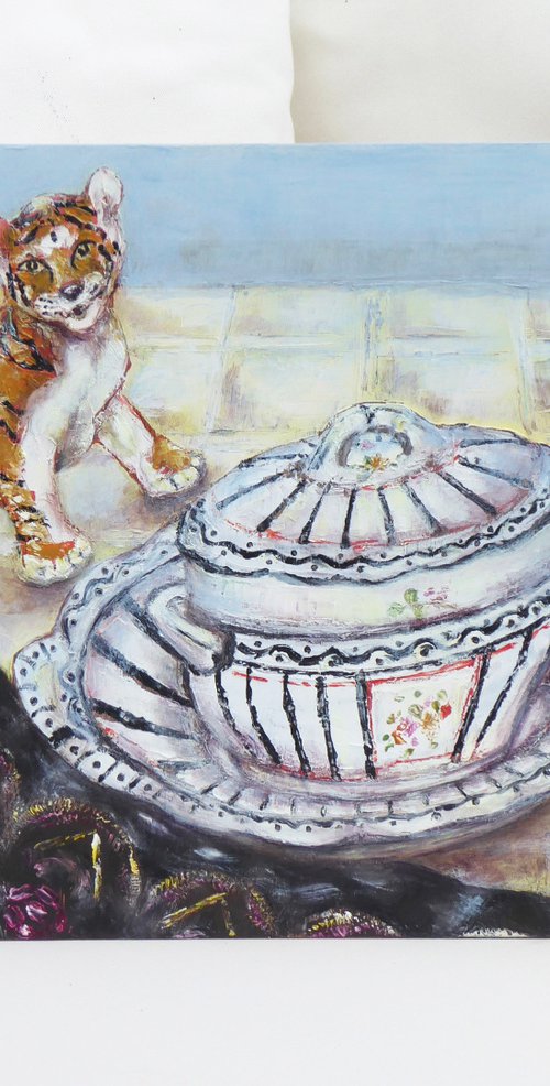 Coalport Serving Dish and Tiger Figurine by Jacqueline Talbot