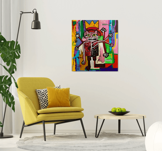 KING TROY the cat, ( 102 x 91 cm, 40 x 36 inches),  multi-armed, multitasking, inspired by Basquiat and Indian culture, solving the problems of the modern rapidly changing world in parallel and seamlessly