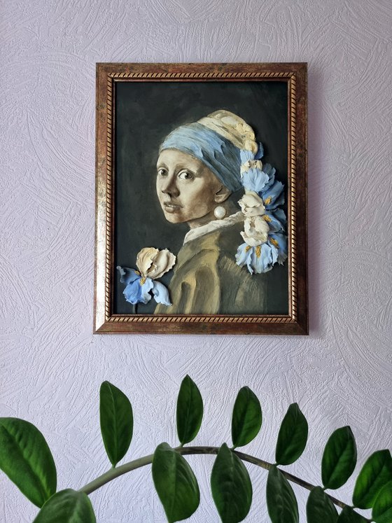 A Girl With a Pearl Earring And Irises / bas-relief with portrait and flowers /Based on Vermeer