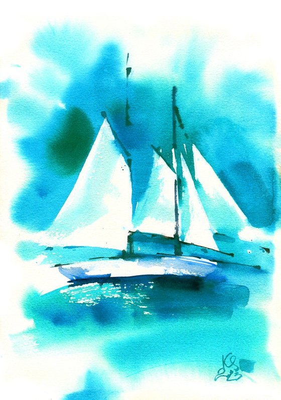 "White sailboat in the turquoise sea" abstract summer watercolor