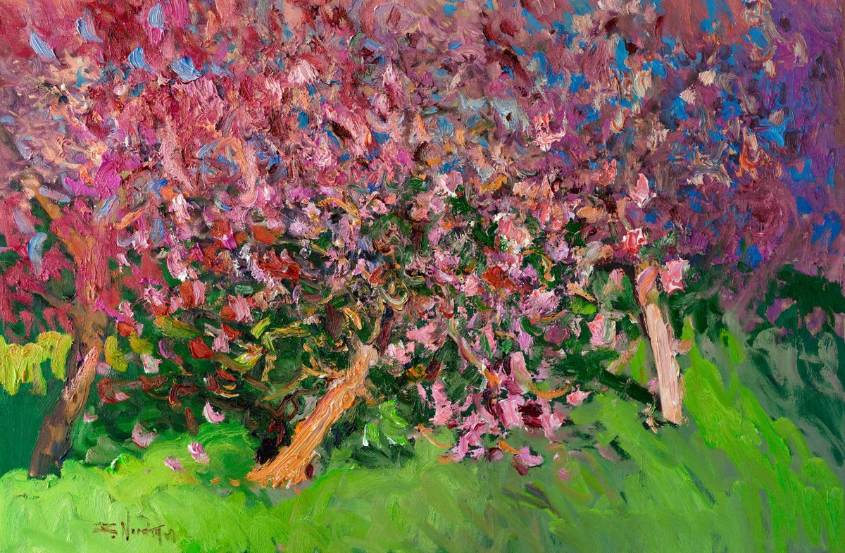 Expressive Botanical Oil Painting By Suren Nersisyan, 36 X 24", Blooming Peach Trees, Original Artwork
