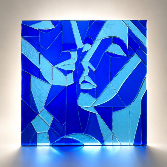 Blue Lovers, Fused Glass Portrait