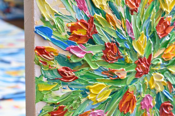 Spring Tulips - Impasto Flower Painting, Colorful Palette Knife Floral Artwork, Small Canvas, Gift for Mom