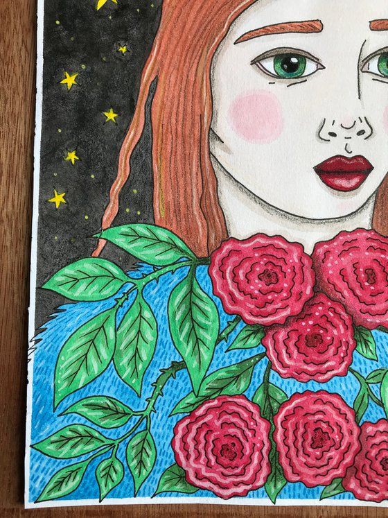 Stars and Roses - Original mixed media painting