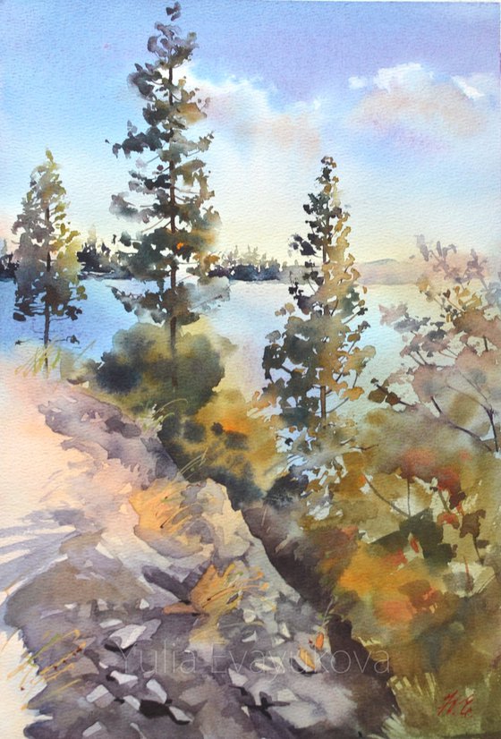 Lake and Pines / Watercolor landscape / Forest / water and sky