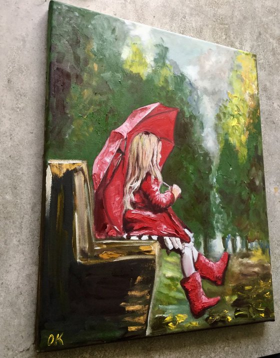 YOUNG LADY IN RED. CHILD WITH UMBRELLA. AUTUMN. MODERN PAINTING.
