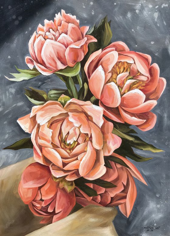 Coral peonies bouquet original oil painting. Coral sunset peony.