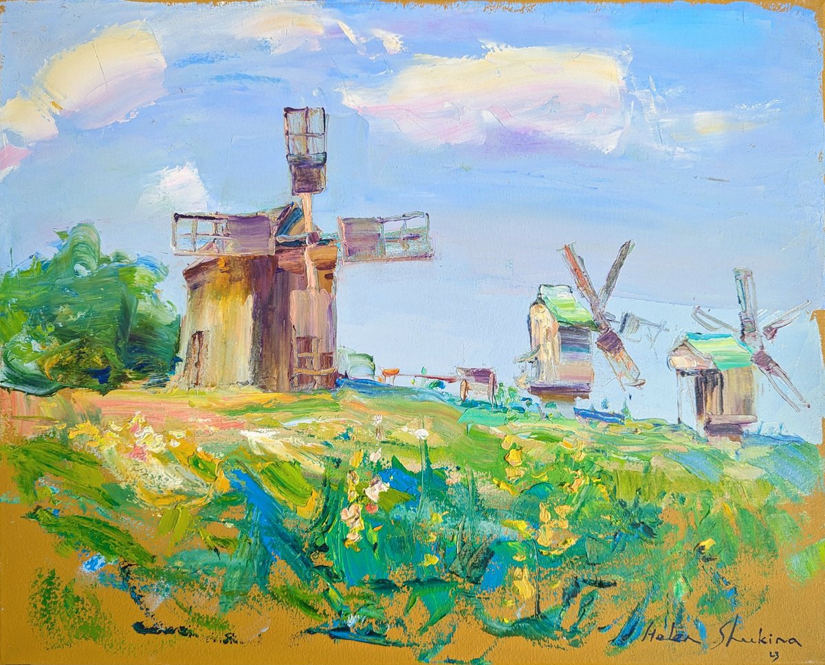 Mills in the tall grass . Summer day . Original oil painting by Helen Shukina