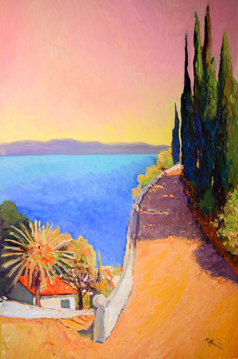 Expressive Landscape Oil Painting By Suren Nersisyan, 24 X 36", Morning Aboe The Ocean, Hills In California, Original Artwork