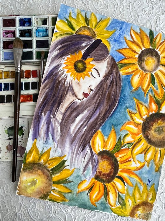 Woman Sunflowers Painting