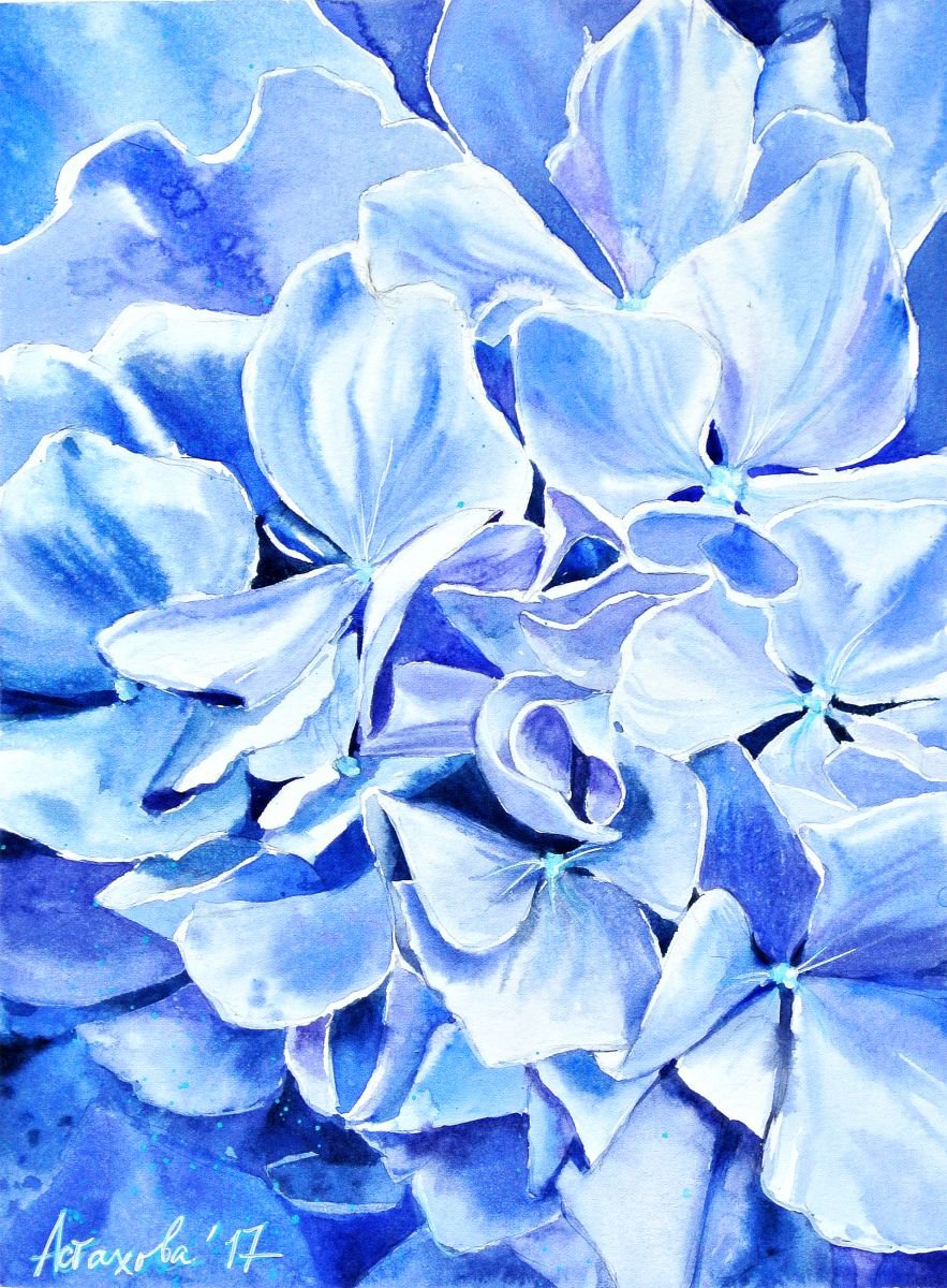 Impressionistic Botanical Watercolour By Ksenia Astakhova, 9 X 13", A Blue Hydrangea, Original Artwork