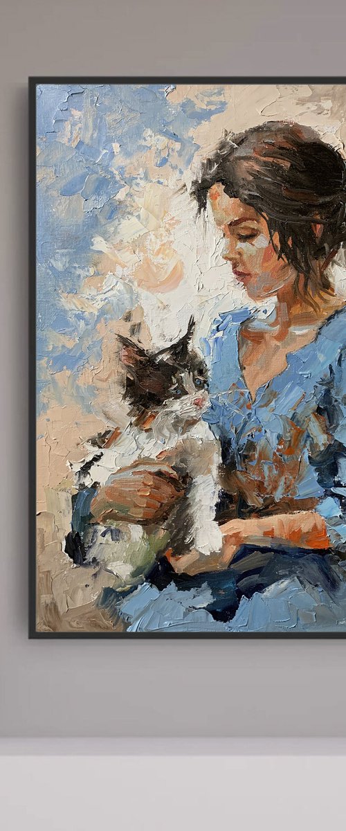 Girl in blue dress with cat. by Vita Schagen