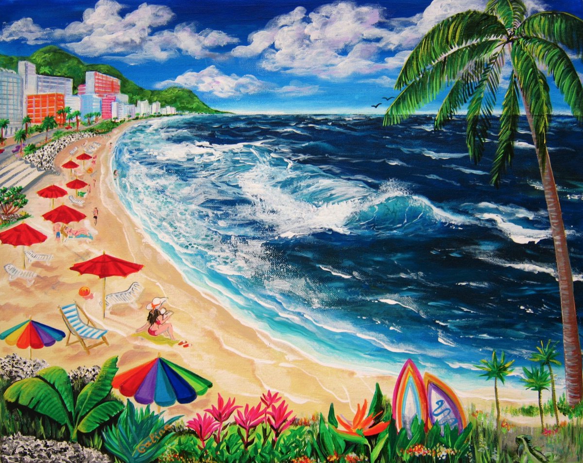 Expressive Landscape Print By Galina Victoria, 30 X 24, Tropical Beach, Original Artwork