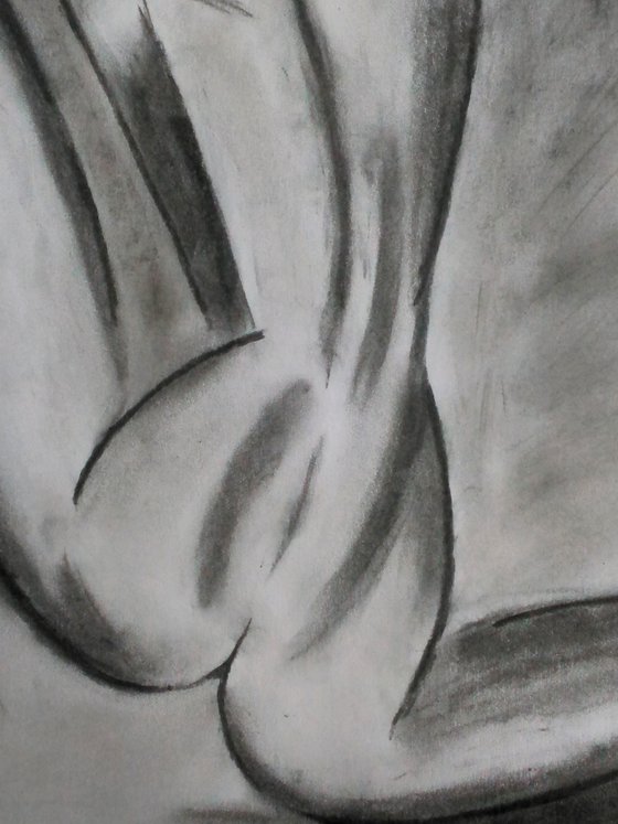 Woman sitting nude charcoal drawing black monochrome sketch