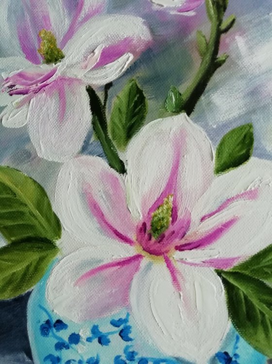 Magnolia in a vase, original flower oil painting, gift idea for her, wall decor for home