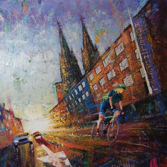 'CYCLING IN COLOGNE' - Cityscape Large Acrylics Painting on Canvas
