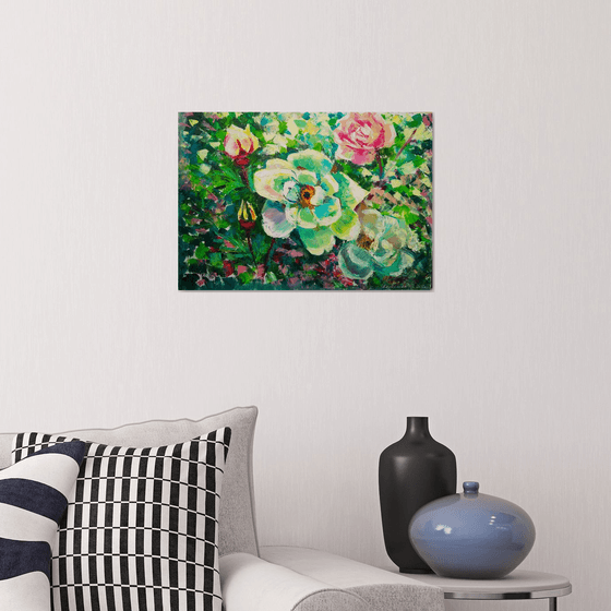 White rose hip, Wild Rose Painting Flower Original Art Abstract Floral Artwork 50x35 cm, ready to hang.