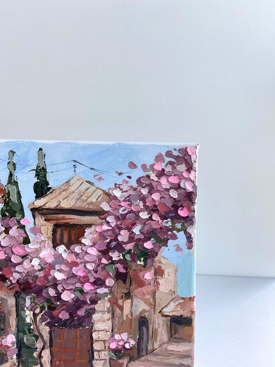 Romantic street flowers painting on canvas 18x18mini art impasto oil