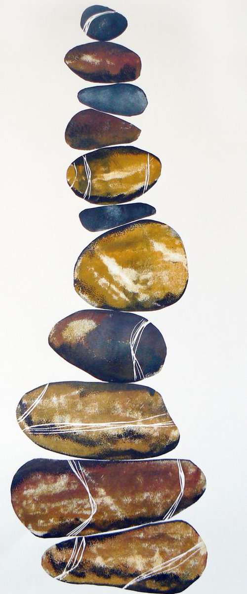 Zen stones - Eleven stones #4 (banded balancing stones lino/monoprint) by Carolynne Coulson