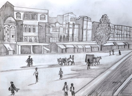 Market street Jaipur from Olden times sketch