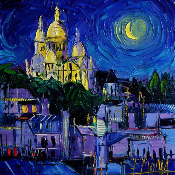 SACRE COEUR PARIS NIGHTLIGHTS original oil painting 20x20cm handmade by Mona Edulesco