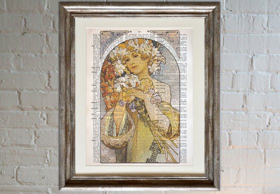 La Fleur - Collage Art Print on Large Real English Dictionary Vintage Book Page