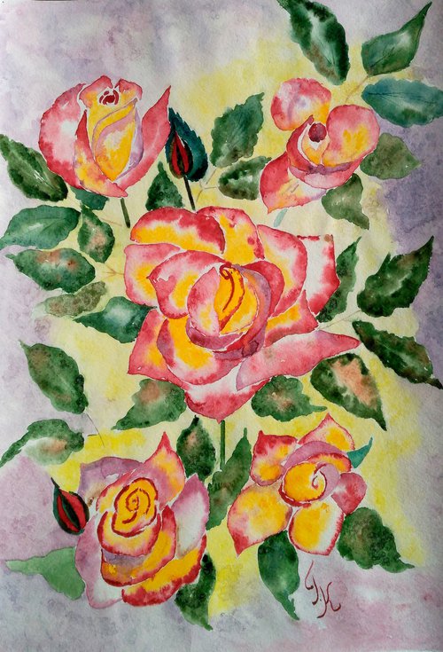 Roses Painting Floral Original Art Flowers Watercolor Artwork Small Wall Art 12 by 17" by Halyna Kirichenko by Halyna Kirichenko