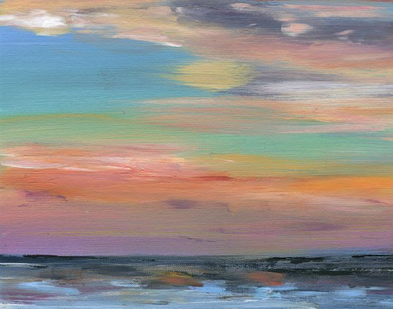 Abstract acrylic sea landscape painting , coastal sunset artwork , beach wall art with cloudy sky