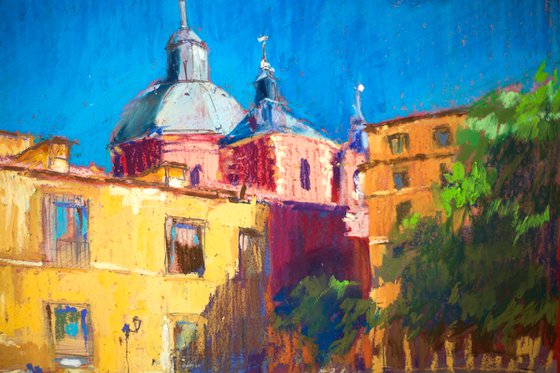 Plaza de las Comendadoras, Madrid. Sunny urban landscape in Madrid. Small oil pastel impressionistic interior painting