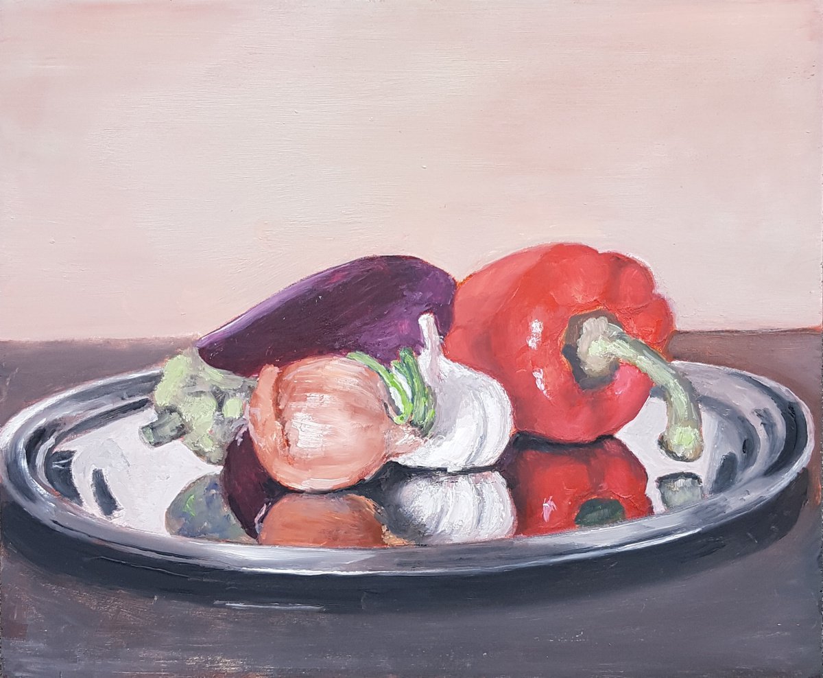 Photorealistic Oil Painting , Vegetabeles On A Silver Plate By Els Driesen, 12 X 10, Artwork For Sale On Artfinder