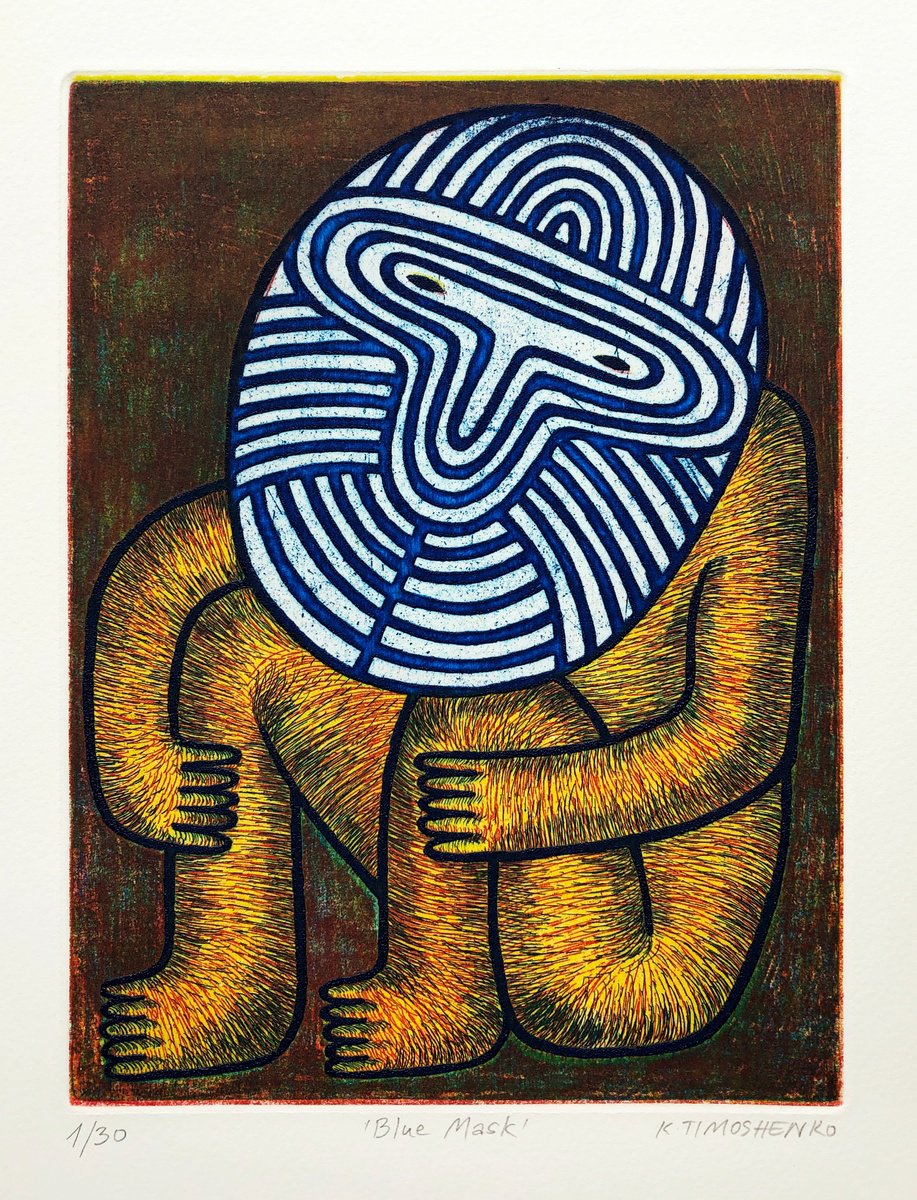 Graphic Portrait Etchings & Engravings By Katya Timoshenko, 10 X 12", Blue Mask, Original Artwork