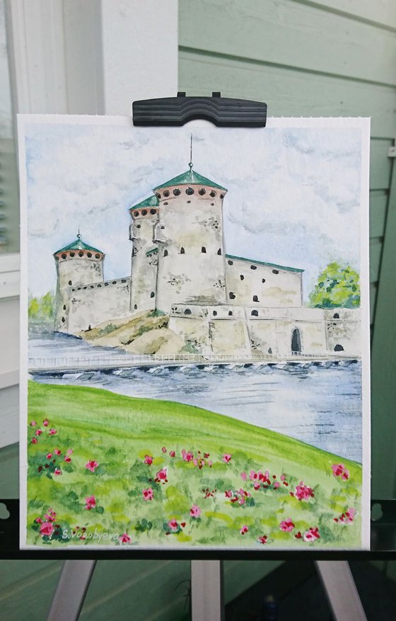 The Olavinlinna Castle #2. Original cityscape watercolor painting by Svetlana Vorobyeva.